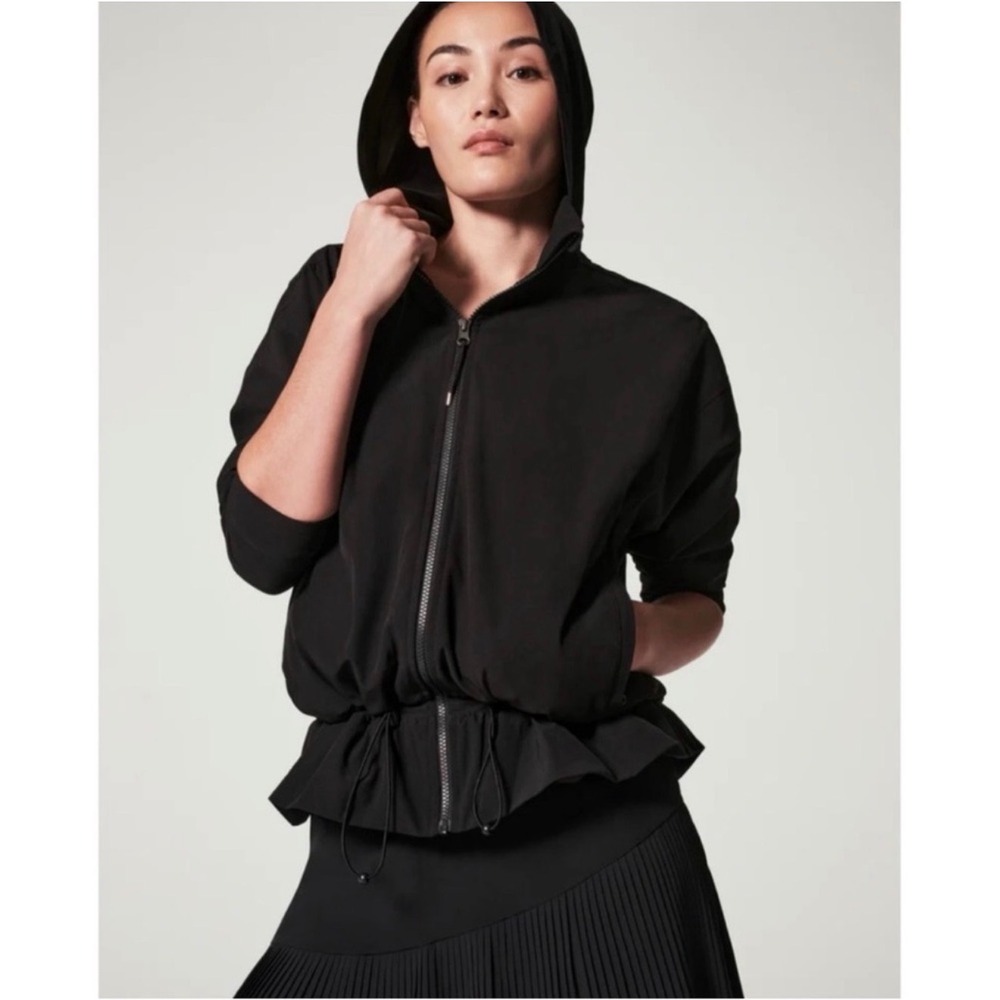 SPANX Black Hooded Zip-Front Drawstring Jacket